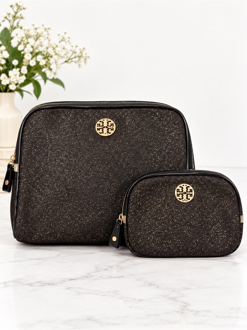 Rebecca & Rifka Black Luxe Sparkle Cosmetic Bag Set 2 Pc NWT Travel Makeup